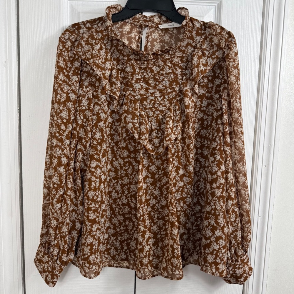 Mango MNG Womens L Brown Floral Ruffle Blouse Sheer Sleeve Cottagecore Boho